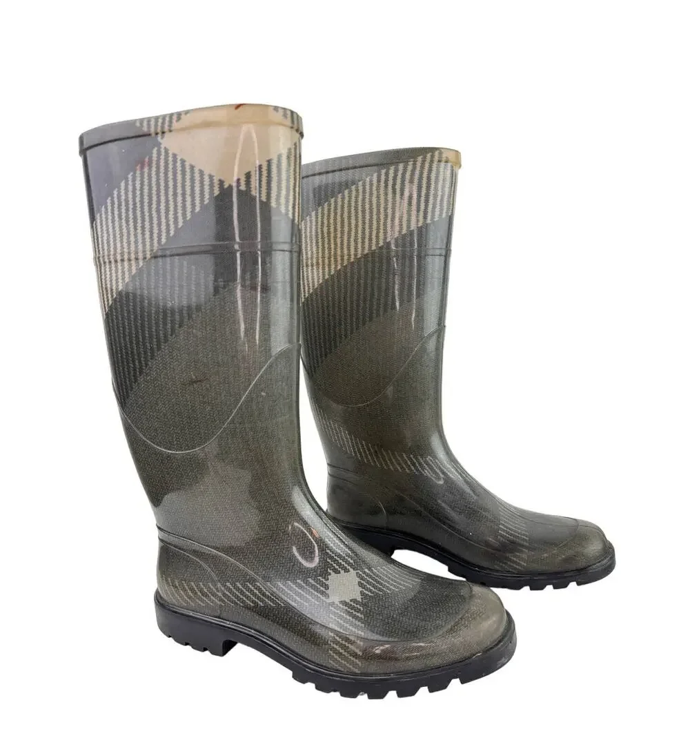 BURBERRY Gray 37 Rain Boots Rubber Big Scale Check Round Toe Knee High Pull On